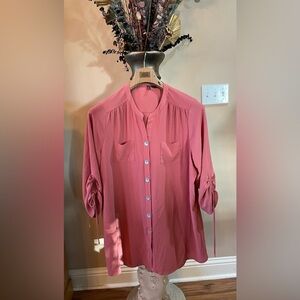 PLUS SZ 3X NEW DIRECTIONS 3/4 ruched sleeves w ties front pockets Dusty Rose EUC